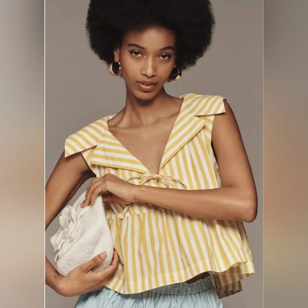 Anthropologie Maeve Babydoll Yellow Striped V-Neck Peplum Top Size XL NWOT - Picture 4 of 7